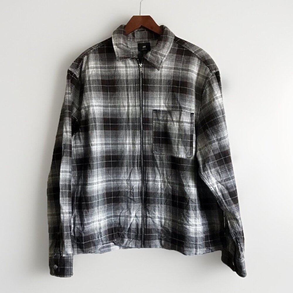 H&M Men's Loose Fit Coupe Ample XL Full Zip Plaid Jacket Brown‎
